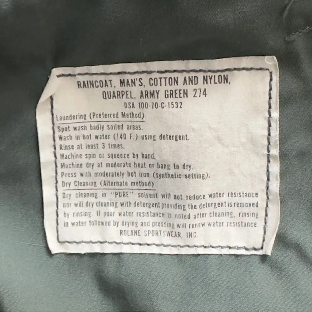 Rolane Sportswear, INC Vintage Men’s Military Trench Coat Army Green Size 36R
